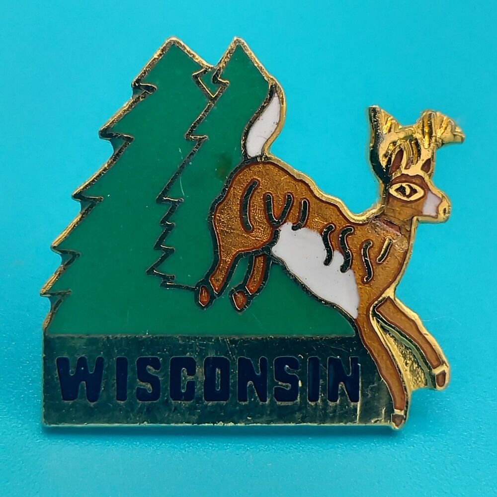 Wisconsin Vintage Pin Gold Tone Enamel Deer Buck Lapel Brooch Hat Pin